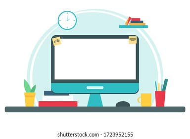 Workplace with computer. Home office concept with monitor, books and cup. Vector illustration in flat style.