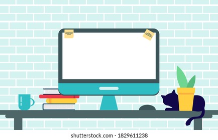 Workplace with computer. Home office concept with monitor, books and cup. Vector illustration in flat style.