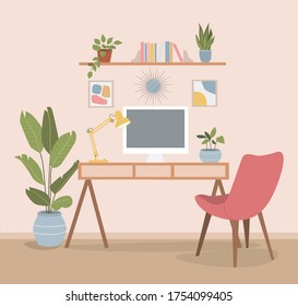 Workplace with computer and lamp. Houseplants and books on the shelf. Vector flat illustration