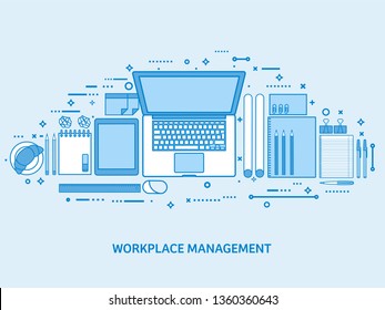 Workplace with computer, laptop, documents, papers, notepad and pencil. Office work, workspace management. Flat blue outline background. Line art vector illustration.