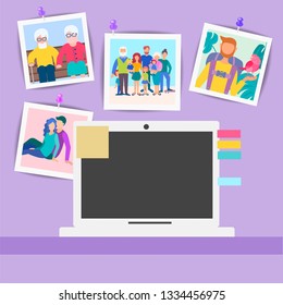 Workplace, computer laptop and photos above it. Vector Set of Pictures of relatives and friends pinned to the wall. 