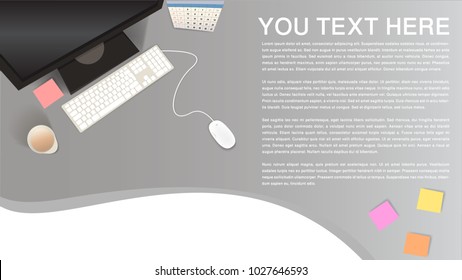 Workplace with computer, memo, mouse and surface to text . Clean  realistic illustration for flayer . 