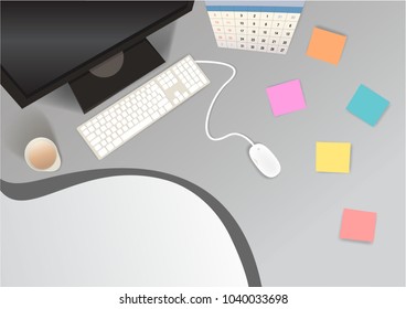 Workplace with computer, memo, mouse and surface to text . Clean  realistic illustration for web . 