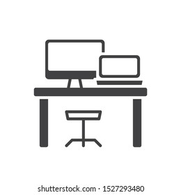 Workplace with computer monitor and chair icon. flat simple pictogram. Work table vector illustration