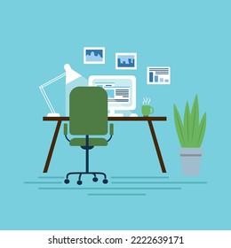 Workplace with computer monitor on the table, table lamp, cup of coffee, plants and computer chair.