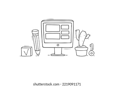 Workplace with computer monitor, pencil, key and cactus on desk. Vector doodle illustration of working place or study in office or home. Concept of time management for business and education