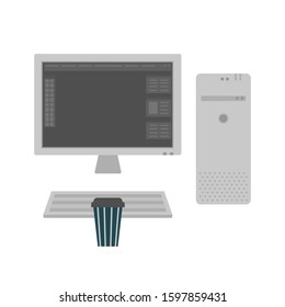 Workplace with computer. Monitor, system unit, keyboard, cup of coffee. Information technology, development and marketing. Computer program, working process. Business theme. Flat vector illustration. 
