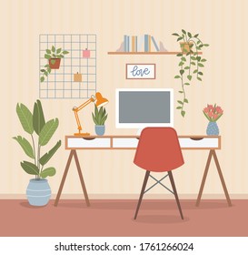 Workplace with computer, mood board and lamp. Houseplants and books on the shelf. Vector flat illustration