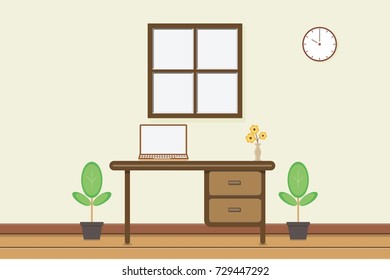 Workplace with computer near window and wall clock, vector illustration