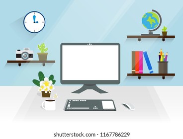 Workplace with computer office room. Modern interior and design friendly