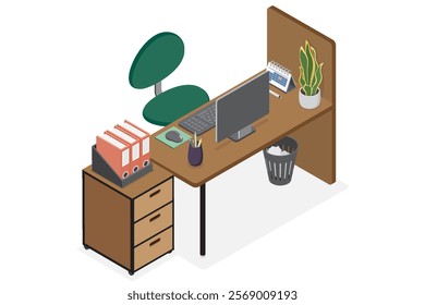 Workplace with computer in office. Vector isometric flat illustration isolated on white background