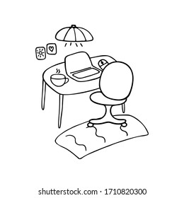 Workplace. Computer on the table and a chair for work. Cozy cabinet for online training, work from home, education. Hand drawn doodle vector illustration