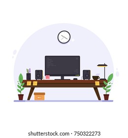 Workplace with computer, plants, speakers, lamp and more. Flat Design. Vector Illustration