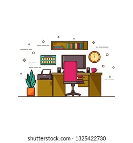 Workplace computer, printer on desk. Working space line art semi flat style. Home office interior with table, book shelf. Modern vector illustration. Editable outline. Business theme for web design.
