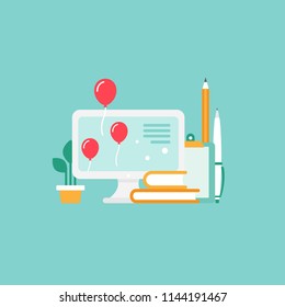 workplace with computer screen, ballons and blocknote. workplace isolated on blue background. freelancer, designer, writer job. Vector flat illustration. Creative work or study.