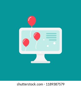 workplace with computer screen and ballons. workplace isolated on blue background. freelancer, designer, writer job. Vector flat illustration. Creative work or study.