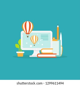 workplace with computer screen, hot air ballons, books and blocknote. workplace isolated on blue background. freelancer, designer, writer job. Vector flat illustration. Creative work or study.