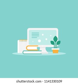 workplace with computer screen, pen, pencil books and blocknote. workplace isolated on blue background. freelancer, designer, writer job. Vector flat illustration. Creative work or study.