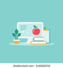 workplace with computer screen, plant, books and blocknote. workplace isolated on blue background. freelancer, designer, writer job. Vector flat illustration. Creative work or study.