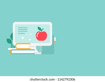 workplace with computer screen, plant, books and blocknote. workplace isolated on blue background. freelancer, designer, writer job. Vector flat wide wallpaper. Creative work or study.