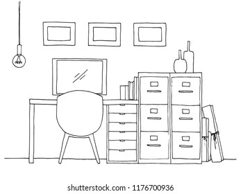 Workplace with a computer. Sketch of the interior. Vector illustration.