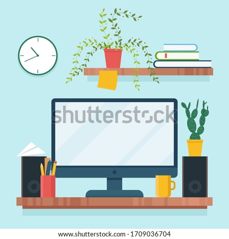 Workplace - computer, speakers, books, pencils, flowerpot, mug. Home office. Flat vector illustration