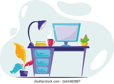 Workplace with computer, table lamp, plant and coffee. Modern interior. Vector illustration
