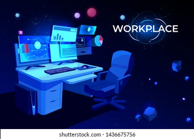 Workplace with computer table, Pc monitors and armchair, office desk or home working place for businessman, analyst or freelancer, neon glowing futuristic background Cartoon vector Illustration banner