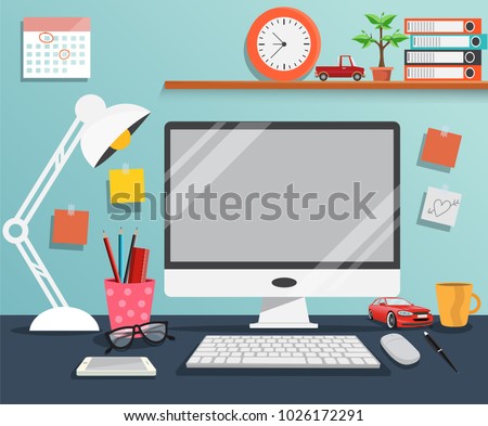 Workplace with computer ,The office of a creative worker - Vector illustration.