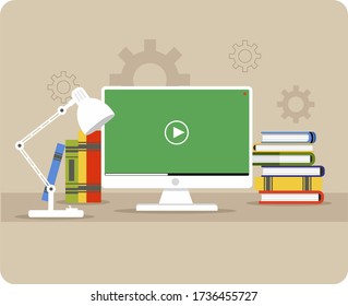Workplace. A computer with a video icon, with books and a table lamp. Online learning with place for text or image, landing page .Vector illustration isolated