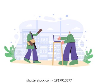 Arbeitsplatzkonzept. Erwachsene Charaktere mit Computern in der Nähe des Fensters. Männliche Personen, die in lockeren Kleidung tragen und über Arbeit in ihrem Büro sprechen.Vektorfarbige Flachbild-Illustration.