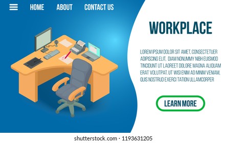 Workplace concept banner. Isometric banner of workplace vector concept for web, giftcard and postcard