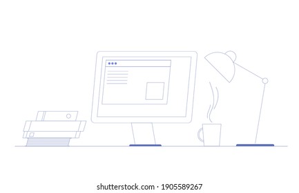 Concepto de lugar de trabajo con ordenador, lámpara, taza de café, libros. Ilustración de vector de contorno
