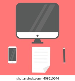Workplace concept desk with laptop and office equipment, in style of trendy flat design.
 