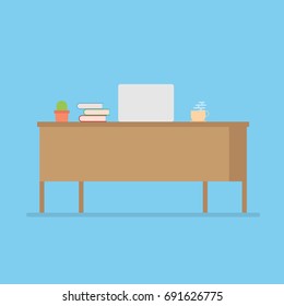 workplace concept with desk,laptop,book,coffee,cactus. vector illustration