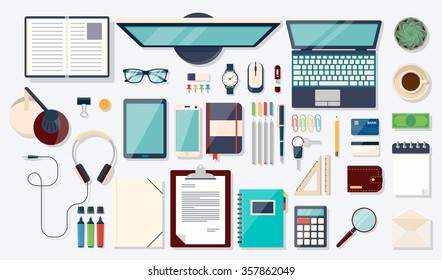 Workplace concept. Flat design modern vector illustration. Top view of desk background with laptop, digital devices, office objects, books and documents