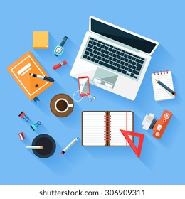 Workplace concept. Flat design. View from the top