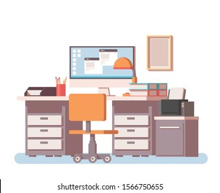 Workplace concept in a flat style. Оffice or freelance interior with table, pc, printer, chair n other office equipment