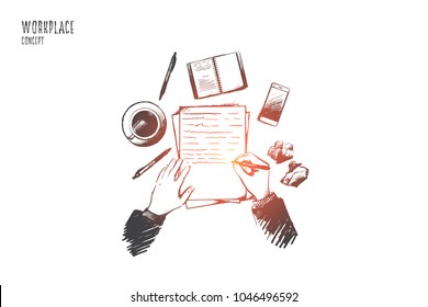 Workplace concept. Hand drawn top view of person writing in notepad placed on table. Desktop with a coffee cup, smartphone and other supplies isolated vector illustration.