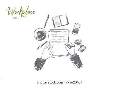 Workplace concept. Hand drawn top view of person writing in notepad placed on table. Desktop with a coffee cup, smartphone and other supplies isolated vector illustration.