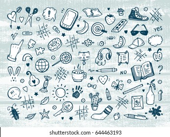 Workplace concept. Icons set. Mess on the table. Messy desk. Hand Drawn Doodle Tic Tac toe, Stationery, Food and other items that are on desktop. Back to school. Vector illustration