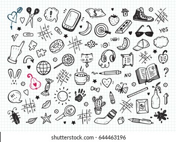 Workplace concept. Icons set. Mess on the table. Messy desk. Hand Drawn Doodle Tic Tac toe, Stationery, Food and other items that are on desktop. Back to school. Vector illustration