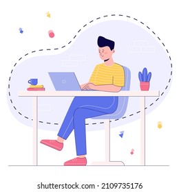 Workplace concept. Man sitting on a chair and working with a laptop at the table. Modern illustration in flat style with outline.