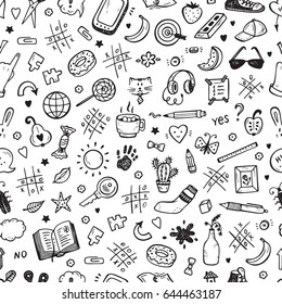 Workplace concept. Mess on the table Seamless Pattern. Messy desk. Hand Drawn Doodle Tic Tac toe, Stationery, Food and other items that are on desktop. Back to school. Vector background