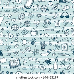 Workplace concept. Mess on the table Seamless Pattern. Messy desk. Hand Drawn Doodle Tic Tac toe, Stationery, Food and other items that are on desktop. Back to school. Vector background