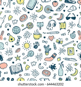 Workplace concept. Mess on the table Seamless Pattern. Messy desk. Hand Drawn Doodle Tic Tac toe, Stationery, Food and other items that are on desktop. Back to school. Vector background