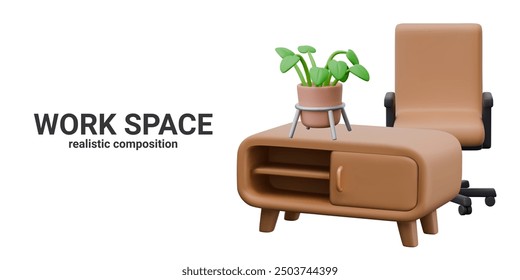 Concepto de lugar de trabajo. Mini estantería, silla de oficina, planta verde en maceta en soporte