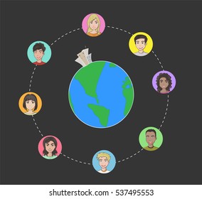 Workplace concept multi ethnic team surrounding planet earth/ Editable Eps10.