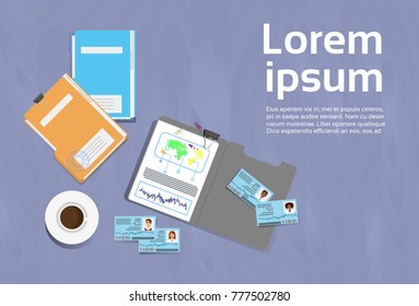 Workplace Concept Office Desk Template Top Angle View Document Folders Banner With Copy Space Flat Vector Illustration