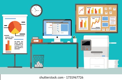 Workplace Concept. Office Interior. Design For Co Working. Desktop With Computer, Clock, Graph, Scanner, Folders, Xerox, Paper Basket, Organized, Cork Board And Pencils. Self-education. Cabinet. Study